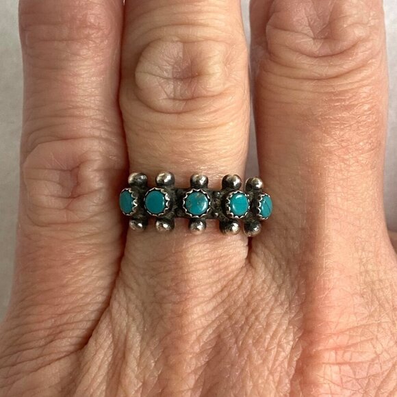 VTG Sterling Silver 925 Snake Eyes Round Turquoise Petit Point Ring Sz 5.75 - Picture 1 of 16
